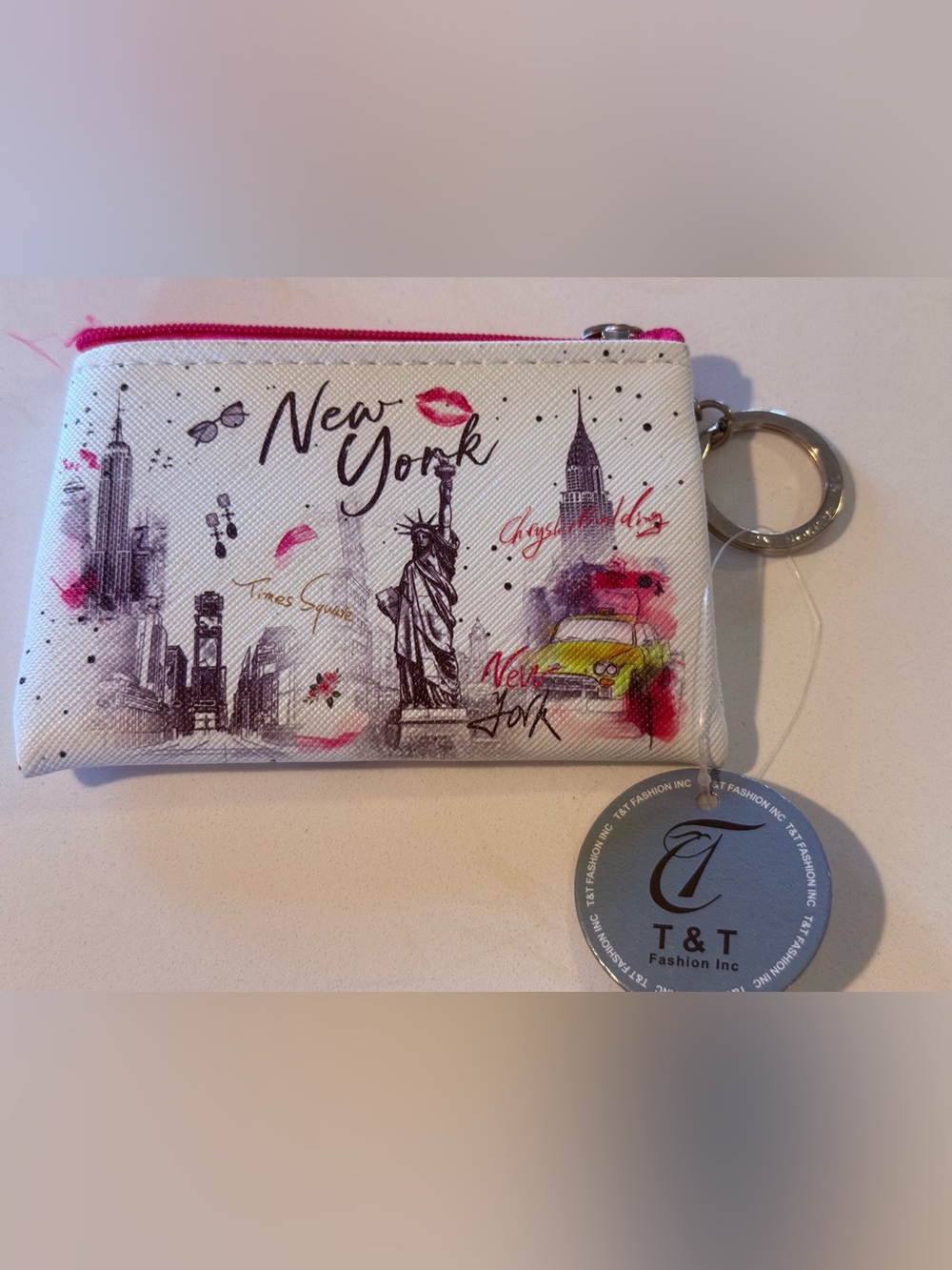 #NWT T & T Fashion New York Print Coin Pouch in White and Pink